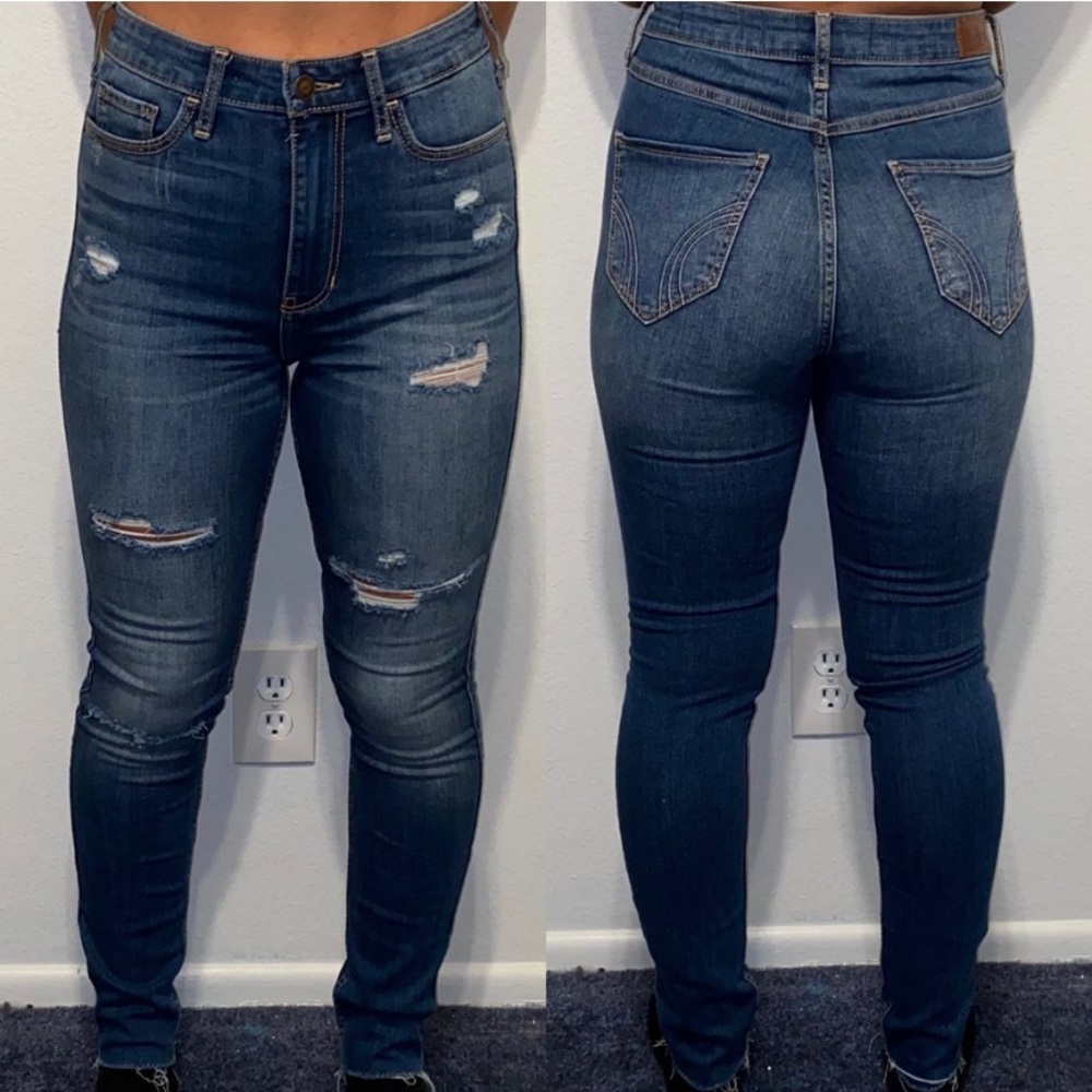 hollister high rise blue ripped skinny jeans